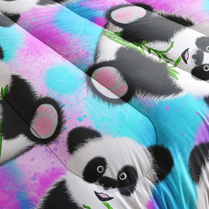 Panda Comforter Queen Size,Neon Panda Comforter Set for Kids Teens Girls Boys,3Pcs Bedding Set Printed Comforter with 2 Pillowcases,Down Alternative,Soft and Lightweight，Queen Size