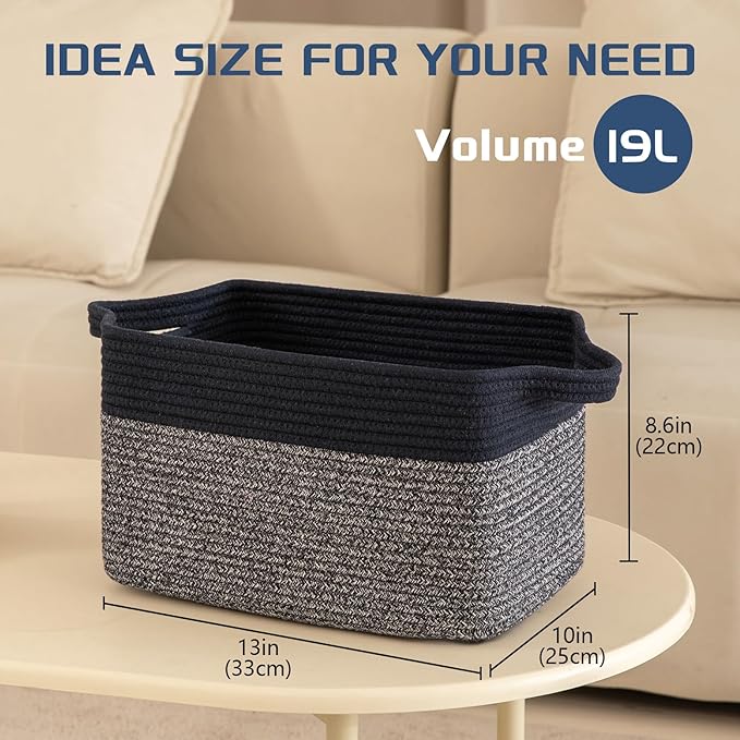 Storage Basket for Organizing, Woven Baskets for Storage, Rectangle Decorative Baskets for Shleves, Closet, Toys, Books, Nursery Organizer Bins - Pack of 3 (Blue & Black)