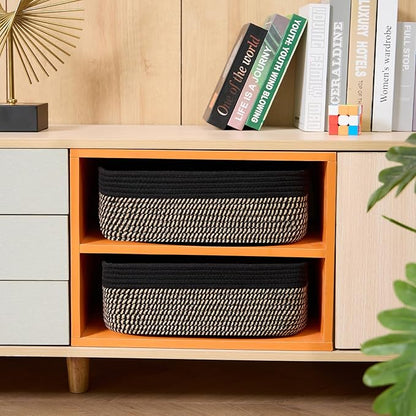 Large Shallow Organizing Baskets 15x11x5.1 Inches - Rope Woven Storage Bins for Bathroom, Shelves, Cube Closet, Black Woven Brown 2 Packs