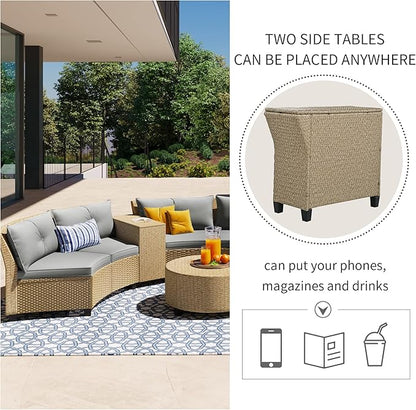 Outdoor 9 Pieces Patio Furniture Half Moon Wicker Sofa Sets, Fan-Shaped Curved Sectional Couch with Coffee Table and Gray Cushions, 1, Brown Rattan
