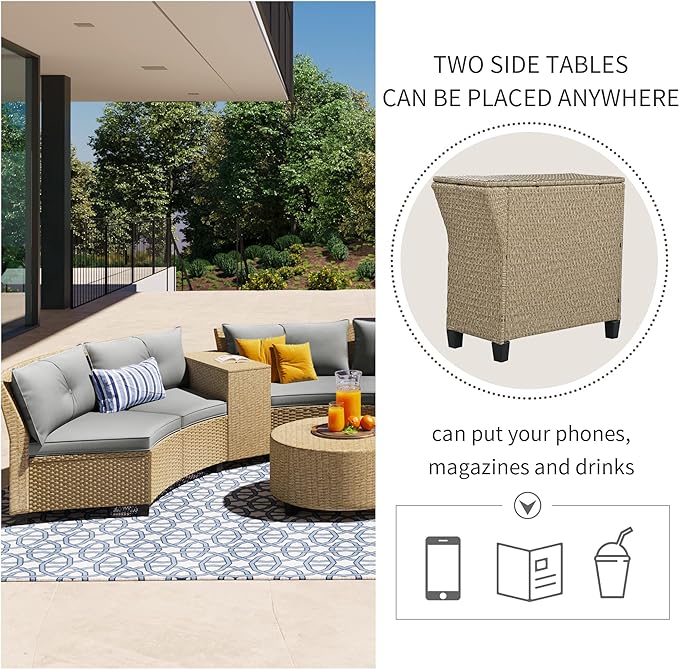 9 Pieces Outdoor Furniture Half Moon Wicker Patio Sets with Coffee Table, All-Weather Fan-Shaped Curved Sectional Sofa Couch with Gray Cushions, Onesize, Brown Rattan