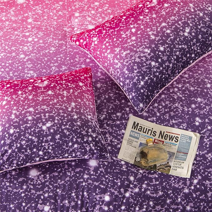 RYNGHIPY 6Pcs Queen Gradient Pink Purple Glitter Comforter Sets for Teens Girls Kids, Colorful Rainbow Glitter Themed Bedding Set