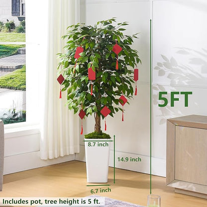 Artificial Ficus Tree 5FT Faux Floor Tree with Planter UV Resistant Potted Fake Silk Plant, Real Wood Trunk-Indoor Outdoor Lifelike Fake Ficus Tree for Home, Living Room Bedroom Topiary Tree