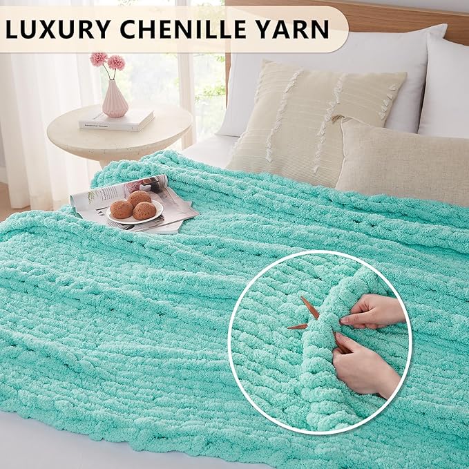 L'AGRATY Chunky Knit Blanket Throw: 50''x60'' Chenille Chunky Knitted Throw Blanket for Bed Couch - Handmade Thick Big Cable Knit Blanket - Large Crochet Rope Blanket for Home Decor(Lake Blue)