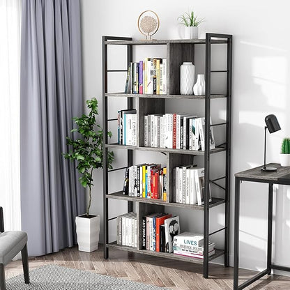 armocity Bookshelf, 5 Tier Tall Modern Bookcase Wood Metal Frame Standing Book Shelf, Display Bookshelves Storage Organizer for Bedroom Living Room Home Office, Grey