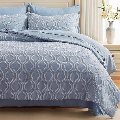 EMME Queen Comforter Set - 7 Pcs Blue Boho Bedding Sets, Full Size Tufted Comforter with Sheets, Shabby Chic Embroidery Queen Bed Set Fluffy Bed Bag for All Season(90"X90")