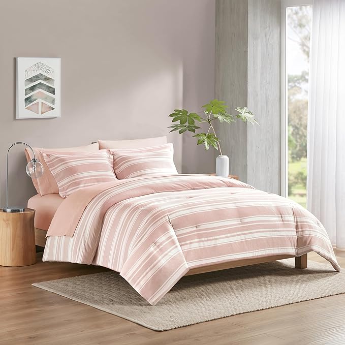 Codi Bed in a Bag Twin Size Complete Set, Pink and White Striped Single Comforter Set 5 Piece for Teen Girls, Modern Neutral Cationic Dyeing Bed Sets with Comforter, Sheets, Pillowcases & Shams