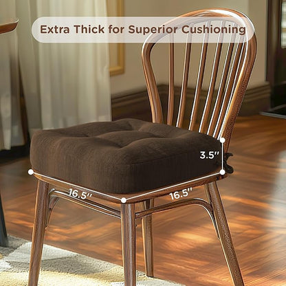 Codi Dining Chair Cushions 4 Pack, Thick Chairs Pads for Indoor Kitchen Room - Washable, Non-Slip Seat Cushion with Ties, 16.5"x16.5"x 3.5", Set of 4, Brown