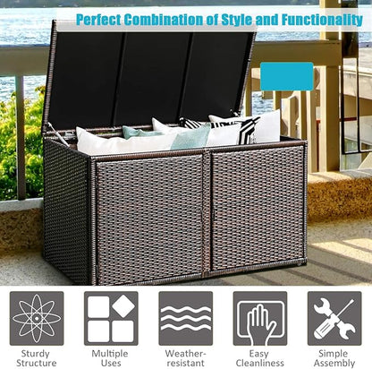 HAPPYGRILL Deck Box Outdoor Wicker Storage Box Cabinet 88 Gallon Storage Container Bin Box for Furniture Tools in Garden Balcony Porch Yard