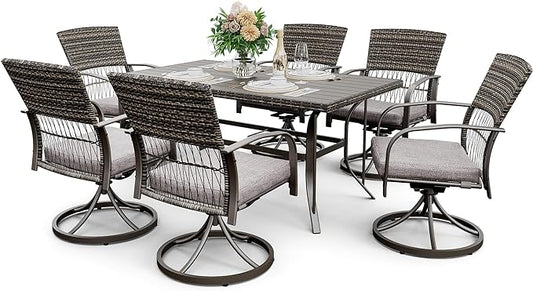 Pamapic 7 Piece Outdoor Dining Set, Rattan Outdoor Patio Furniture Set for Deck Backyard Garden with Iron Outdoor Dining Table, 6 Swivel Outdoor Dining Chairs and Removable Cushions (Gray)