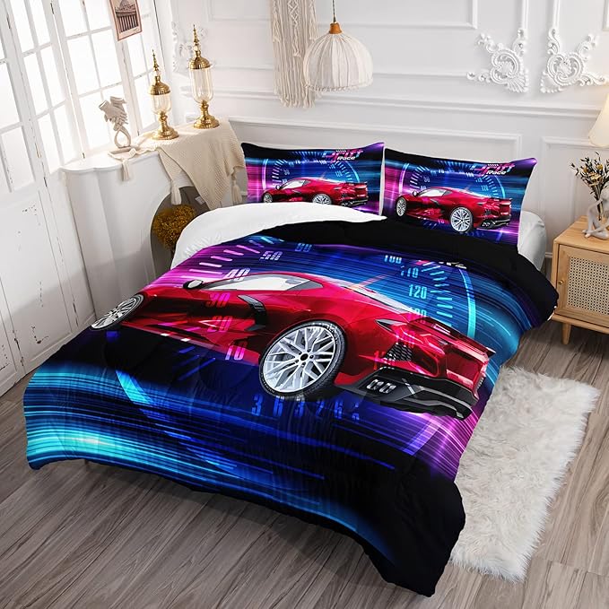 Axolotl Race Car Bedding Set Queen Size,Boys Extreme Sports Comforter Set for Kids Boys Car Racing Gifts,Red Cool Car Comforter Car Sports Quilt Set 1 Comforter Set with 2 Pillowcase Car Racing Gifts