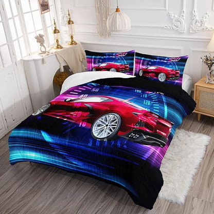 Axolotl Race Car Bedding Set Queen Size,Boys Extreme Sports Comforter Set for Kids Boys Car Racing Gifts,Red Cool Car Comforter Car Sports Quilt Set 1 Comforter Set with 2 Pillowcase Car Racing Gifts