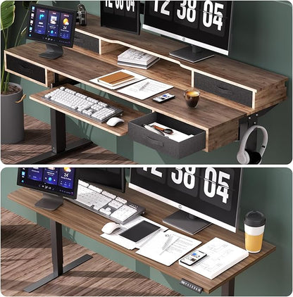 Electric Standing Desk, Multifunctional Standing Desk Adjustable Height, 63 * 24 Standing Desk with 4 Drawers, Ergonomic Adjustable Standing Desk with Keyboard Tray, Rustic Brown