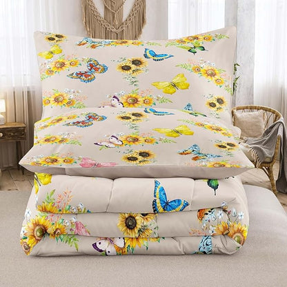 Tailor Shop Sunflower Comforter Sets Queen Size,Sunflower Bedding Sets for Teens Kids Butterflies Comforter Sets,Butterfly Bedding Sets Vintage Yellow Flowers Bedding Sets with 2 Pillowcases