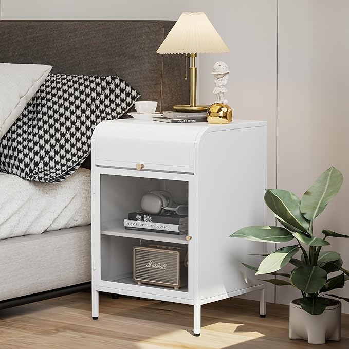 Modern Metal Side Tables, End Tables with Glass Door, 2-Tier Nightstands with Storage Shelves, Accent Table, Slim Sofa Table for Living Room, Bedroom (1, White)