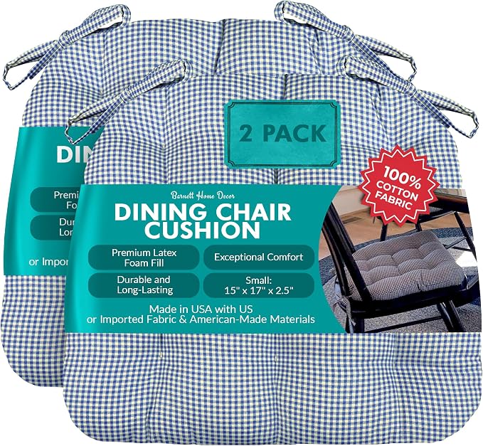 Barnett Home Decor Dining Chair Cushions with Ties – Size Small 15 x 17 - Latex Foam Fill, 100% Cotton, Machine Washable Chair Pads for Kitchen Chairs, Made in USA (Madrid Navy Blue/Pack of 2)