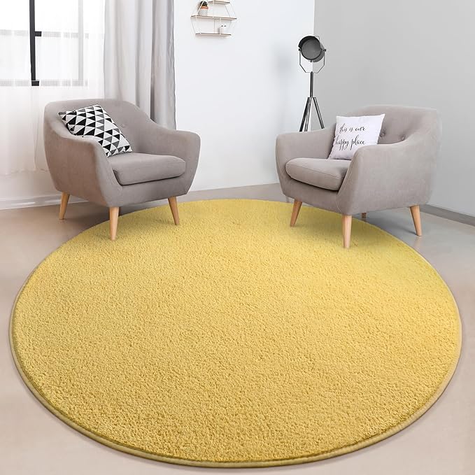 Round Area Rugs for Bedroom Living Room, 4x4 Yellow Super Soft Comfy Thickened Memory-Foam Indoor Circle Carpets, Modern Aesthetic Minimalist Carpet for Boys Girls Adults Nursery Home Décor