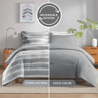 King Size Bed in a Bag, Full Bedding Sets, Modern Farmhouse Grey and White Striped Comforter with Sheets, 7-Piece Complete Bedroom Set