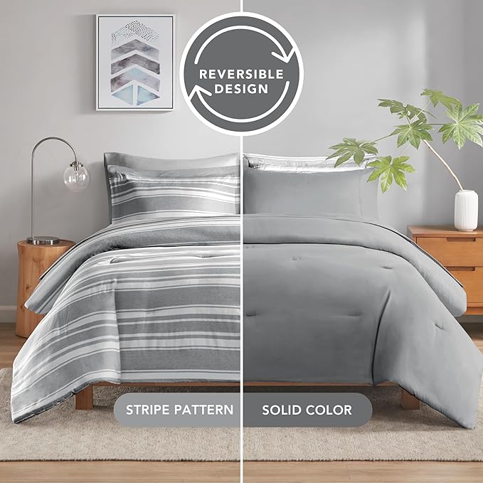 Queen Size Bed in a Bag, Full Bedding Sets, Modern Farmhouse Grey and White Striped Comforter with Sheets, 7-Piece Complete Bedroom Set
