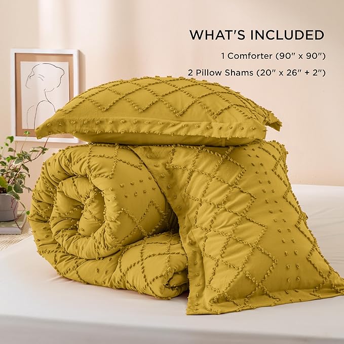 Bedsure Queen Comforter Set - Mustard Yellow Comforter, Boho Tufted Shabby Chic Bedding Comforter Set, 3 Pieces Vintage Farmhouse Bed Set for All Seasons, Fluffy Bedding Set with 2 Pillow Shams