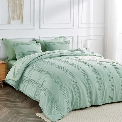 ENJOHOS Sage Green Comforter Twin XL - Boho Twin Bedding for Teen Girls, 3 PCS Tufted Comforter with Pom Pom Design for All Season, Lightweight Soft Microfiber Comforter with 2 Pillow Cases