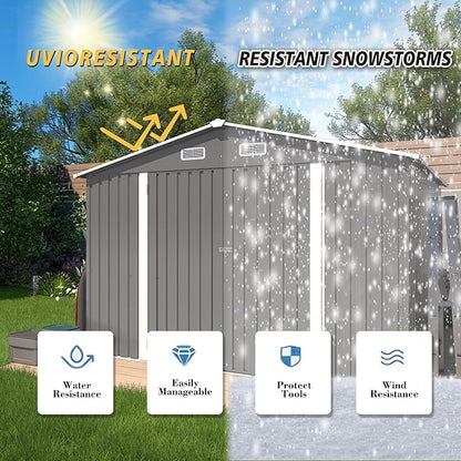 10x8x6.4FT Outdoor Storage Shed, Galvanized Steel Garden Shed with Lockable Door & Window, Waterproof Metal Tool Storage for Garden, Backyard, Patio, Lawn(Grey)