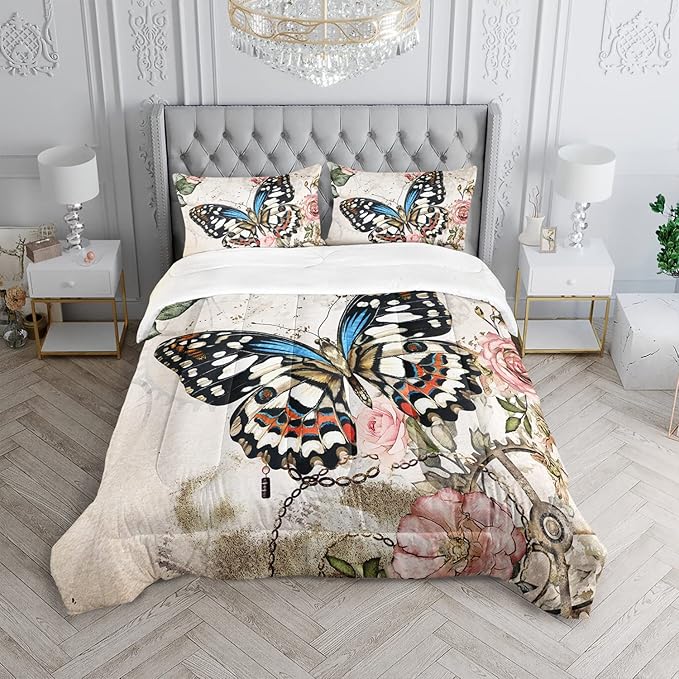 Butterfly Comforter Set for Girls Kids Adults Butterfly Rose Bedding Set Aesthetics Butterflies Quilt Duvet Set Queen Size with 1 Comforter and 2 Pillowcases