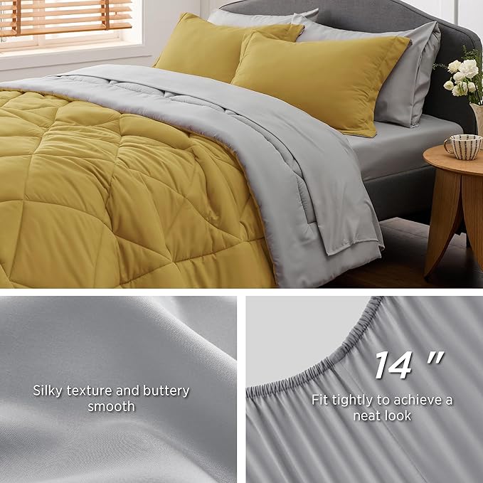 Bedsure Mustard Yellow Twin Comforter Set - 5 Pieces Reversible Twin Bed in a Bag for College, Extra Long Twin Bed Set Mustard Yellow and Grey with Comforters, Sheets, Pillowcase & Sham