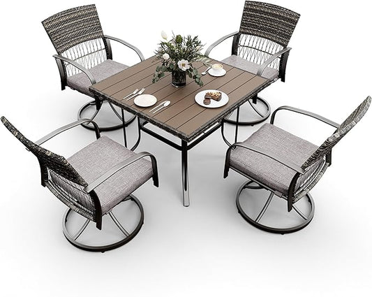 Pamapic 5 Piece Patio Dining Set for 4,Wicker Outdoor Furniture Set for Backyard Garden Deck Poolside with Square Plastic-Wood Table Top,4 Cushions Swivel Rocker Chairs,Removable Cushions(Gray)