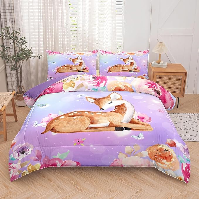 NINENINE Cute Deer Bedding for Girls Kawaii Deer Comforter Sets for Girls,Pink Deer Bedding Twin Bedding Set for Kids Girls,Watercolor Wildlife Comforter with 1 Comforter 1 Pillowcase…