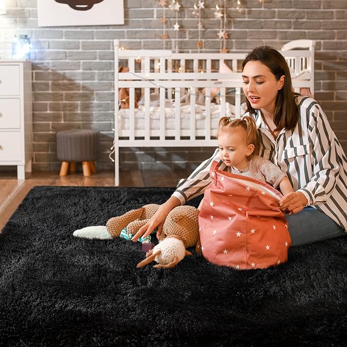 Super Soft Fluffy Shaggy Rugs 4x5.9 Feet for Living Room Bedroom, Fuzzy Plush Area Rugs for Girls Kids Room Nursery Home Decor, Furry Dorm Cute Non-Slip Indoor Floor Carpet, Black