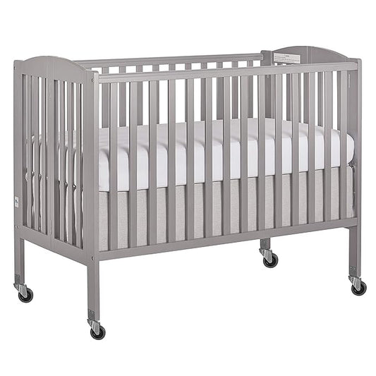 Folding Full Size Convenience Crib In Storm Grey, Two Adjustable Mattress Height Positions, Comes With Heavy Duty Locking Wheels, Flat Folding