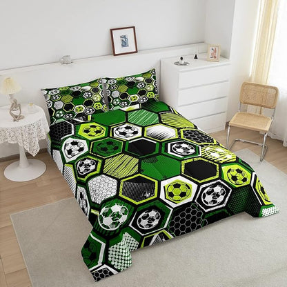 Erosebridal Boys Football Comforter Set Full Soccer Sports Bedding Set Twin for Kids Teen,Geometric Honeycomb Down Comforter Hexagon Beehive Quilt Duvet Duvet Insert Green Black White 2 Pillow Cases