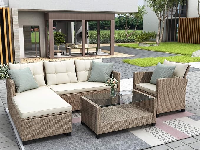 Outdoor Furniture Sets 4 Piece Patio Conversation Sofa with Glass Table, Chaise Lounge and Chair, for Garden Backyard, Onesize, Beige