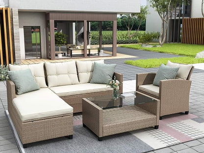 6 Piece Patio Furniture Rattan Outdoor Sectional Conversation Sets, Dining Table Chair with Bench and Cushions for Backyard, Pool, Lawn, O-Beige