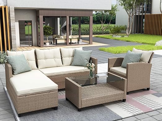 Patio Furniture Sets, 4 Pcs Outdoor Conversation Set All Weather Wicker Ratten Sectional Sofa with 2-Seater Sofá and lounge Couch&Chair, Coffee Table, Seat Cushions, fit for Yard Garden Porch