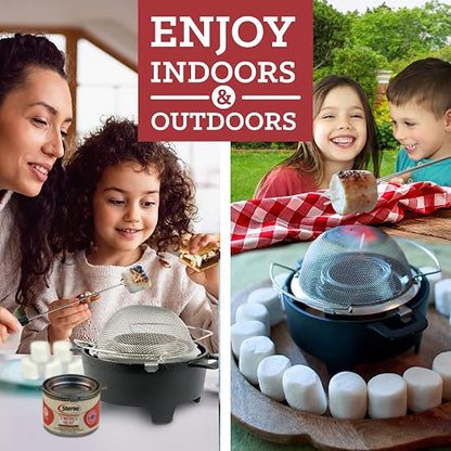 Sterno 70277 Smores Maker Jr Table Top Smores Fire Pit, Portable, Cordless, Food-Safe, Great for Outdoors or Indoors - Jr Size, Black | Includes base, roasting screen, 2 forks, and fuel can