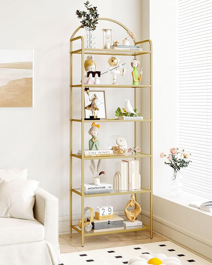 Bookcase Bookshelf, Tempered Glass Bookshelves, Slim Shelving Unit for Bedroom, Bathroom, Home Office, Steel Frame, 6 Tier Gold BC21699G