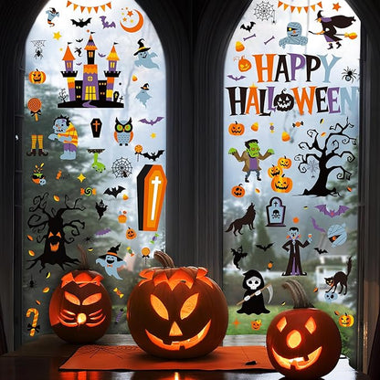 115PCS Halloween Window Clings, 9 Sheets Halloween Decorations, Cute Witch Tree Zombie Ghost Patterns PVC Window Stickers for Treat or Trick Party Favors Decal Supplies Decor Accessories