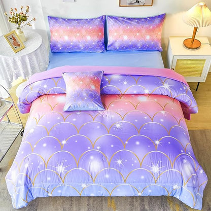 PERFEMET Mermaid Scales Queen Comforter Set 6 Pieces Purple Orange Comforter for Queen Size Bed Teen Girls Glitter Bedding Set Rainbow Tie Dye Bed in A Bag