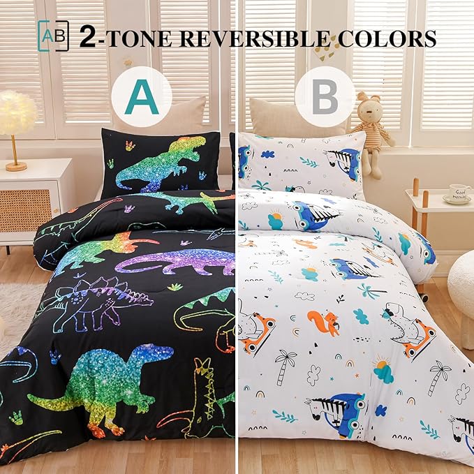 Meeting Story Dinosaur Comforter Set,Gradation Fluorescence Dinosaur Full Comforter Set, 3 PCS 1 Comforter and 2 Pillowcases in One Bag, All Season Bedspread for Kids Teens Adults（Full）