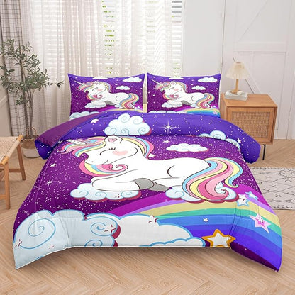 Tailor Shop Unicorn Bedding Sets Queen Size,Purple Unicorn Comforter Sets for Girls Kids Teens with 2 Pillowcase…