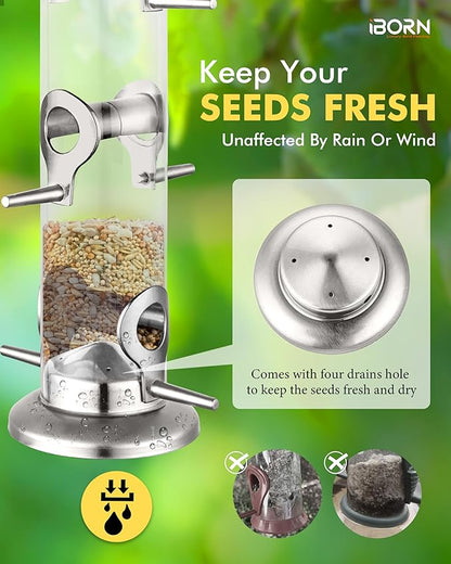 iBorn Metal Bird Feeders 6 Ports Hanging Wild Bird Seed Feeder for Mix Seed Blends, Niger Seed Feeder, Sunflower Heart, Birdbath, Heavy Duty All Metal Nickle Finishing 14 Inch 6Port
