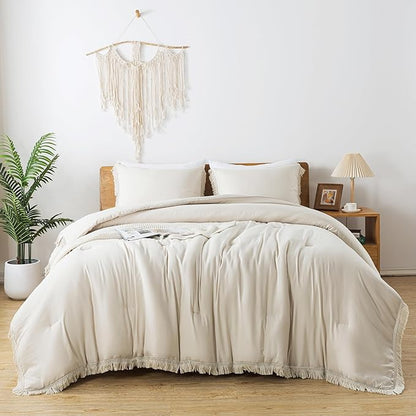 Andency Comforter Full Size Set Beige, 3 Pieces Boho Tassel Lightweight Bed Comforter Full, Soft All Season Fluffy Bed Set Gift Choice (79x90In Comforter & 2 Pillowcases)