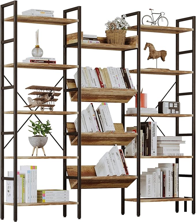 IRONCK Bookcases and Bookshelves Triple Wide 5 Tiers Industrial Bookshelf, Large Etagere Bookshelf Open Record Player Shelves with Metal Frame for Living Room Home Office