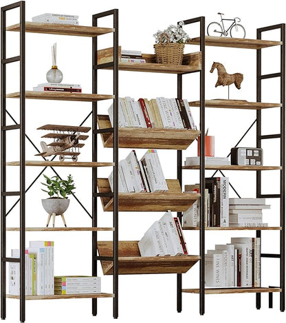 IRONCK Bookcases and Bookshelves Triple Wide 5 Tiers Industrial Bookshelf, Large Etagere Bookshelf Open Record Player Shelves with Metal Frame for Living Room Home Office