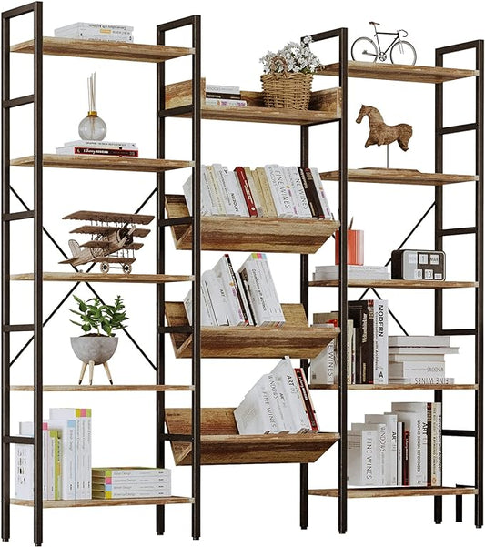 IRONCK Bookcases and Bookshelves Triple Wide 5 Tiers Industrial Bookshelf, Large Etagere Bookshelf Open Record Player Shelves with Metal Frame for Living Room Home Office