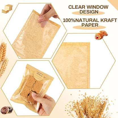 Outus 50 Pcs Cookie Packaging Bags with Seal, 4 x 6 Inch Bakery Pastry Bags with Window, Heat Sealable Grease Resistant Paper to Go Bake Sleeves for Gift Giving Donut Bread Sandwich (Brown)