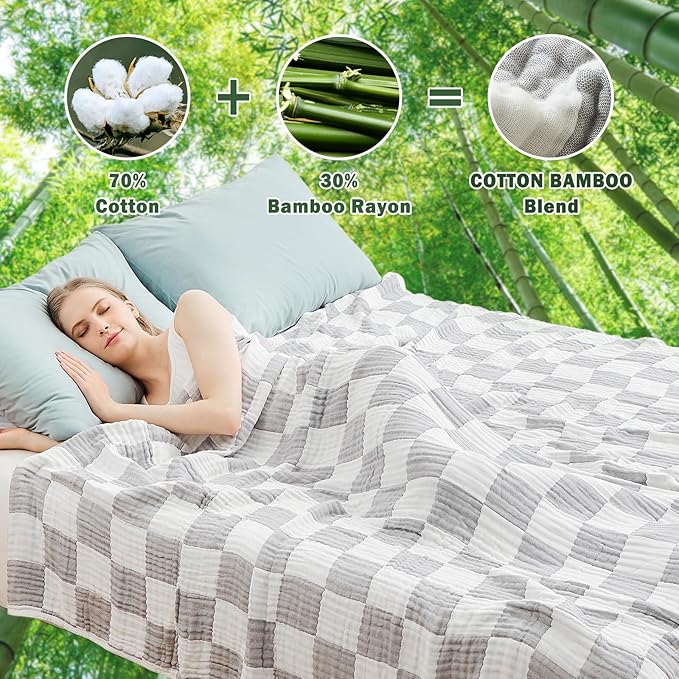 EMME Checkered Throw Blanket Cotton for Couch Soft Muslin Blankets 50"x60" Lightweight Breathable Cooling Soft All Season Gauze, Light Grey