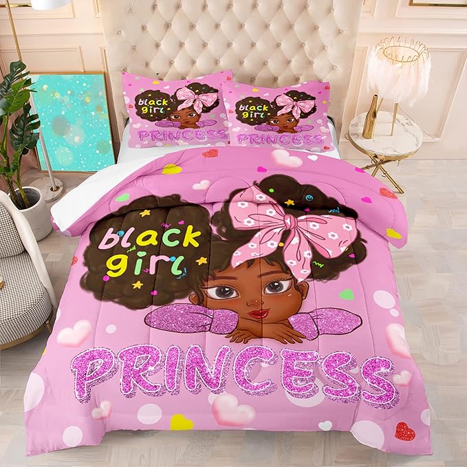 Black Girl Comforter Set Queen, Black African American Girls Queen Comforter Sets, Pretty Pink Princess Queen Comforter Set for Girls Bedroom Decor, Queen (1 Comforter 2 Pillowcases)